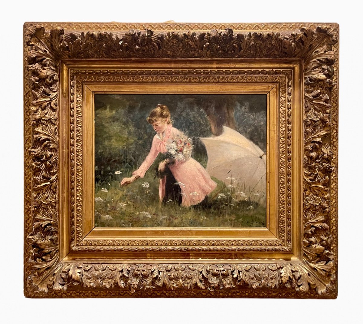 Henri BÉNARD - Jeune Femme Cueillant des Fleurs, Huile sur Panneau