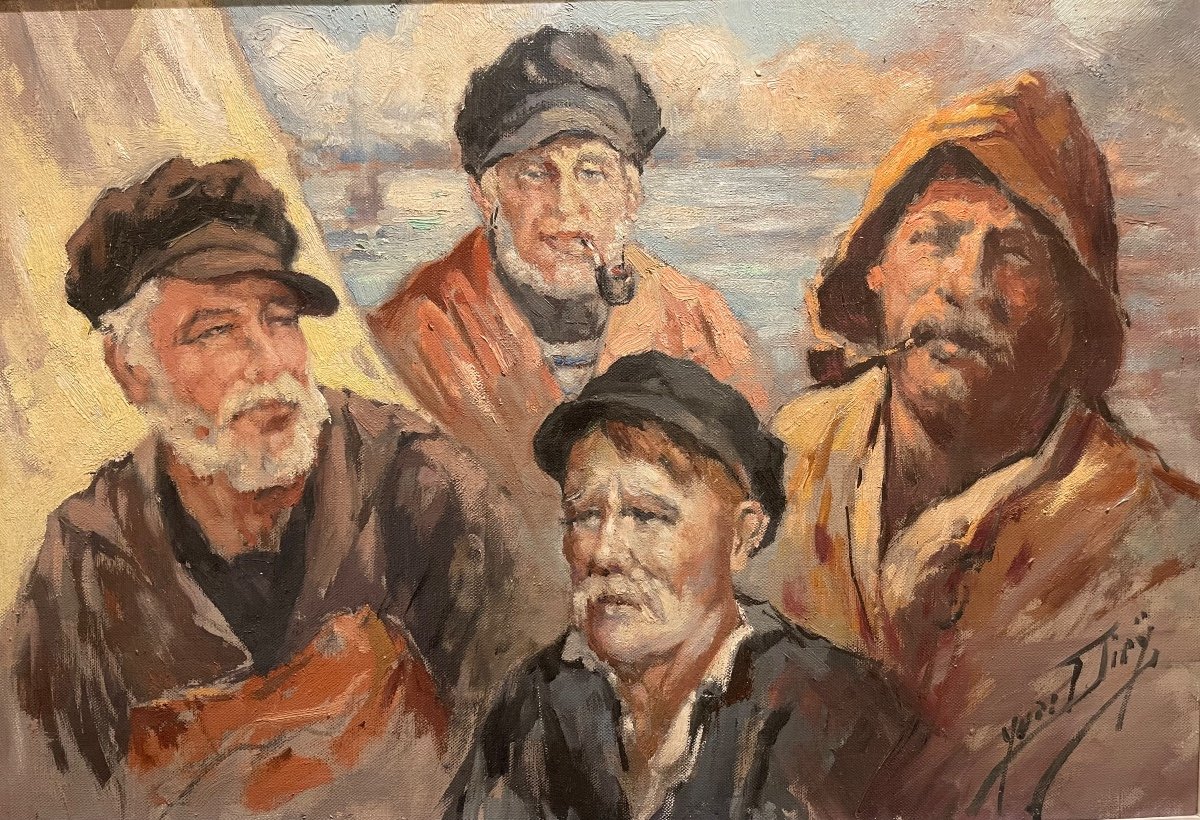 Yves Dreÿ - Breton Fishermen, Oil On Canvas-photo-2