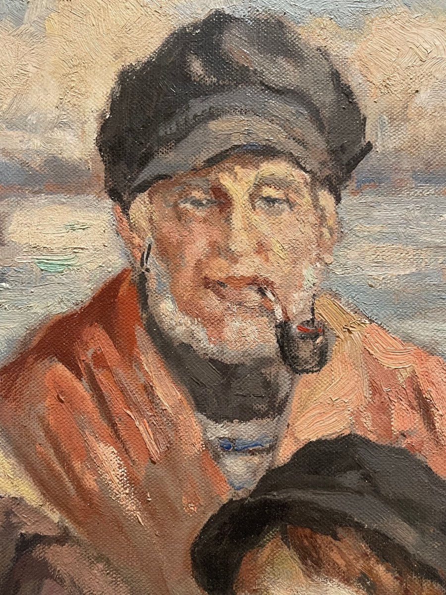 Yves Dreÿ - Breton Fishermen, Oil On Canvas-photo-4