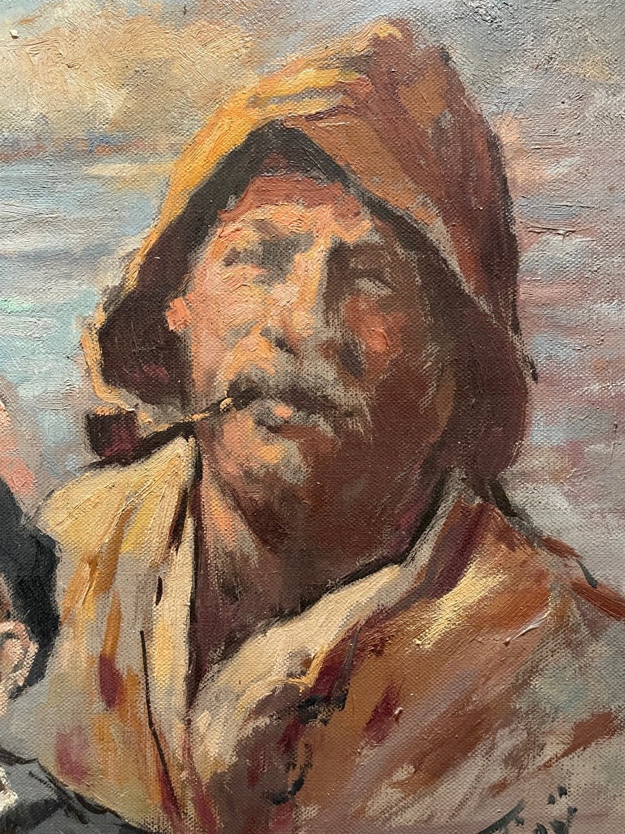 Yves Dreÿ - Breton Fishermen, Oil On Canvas-photo-2