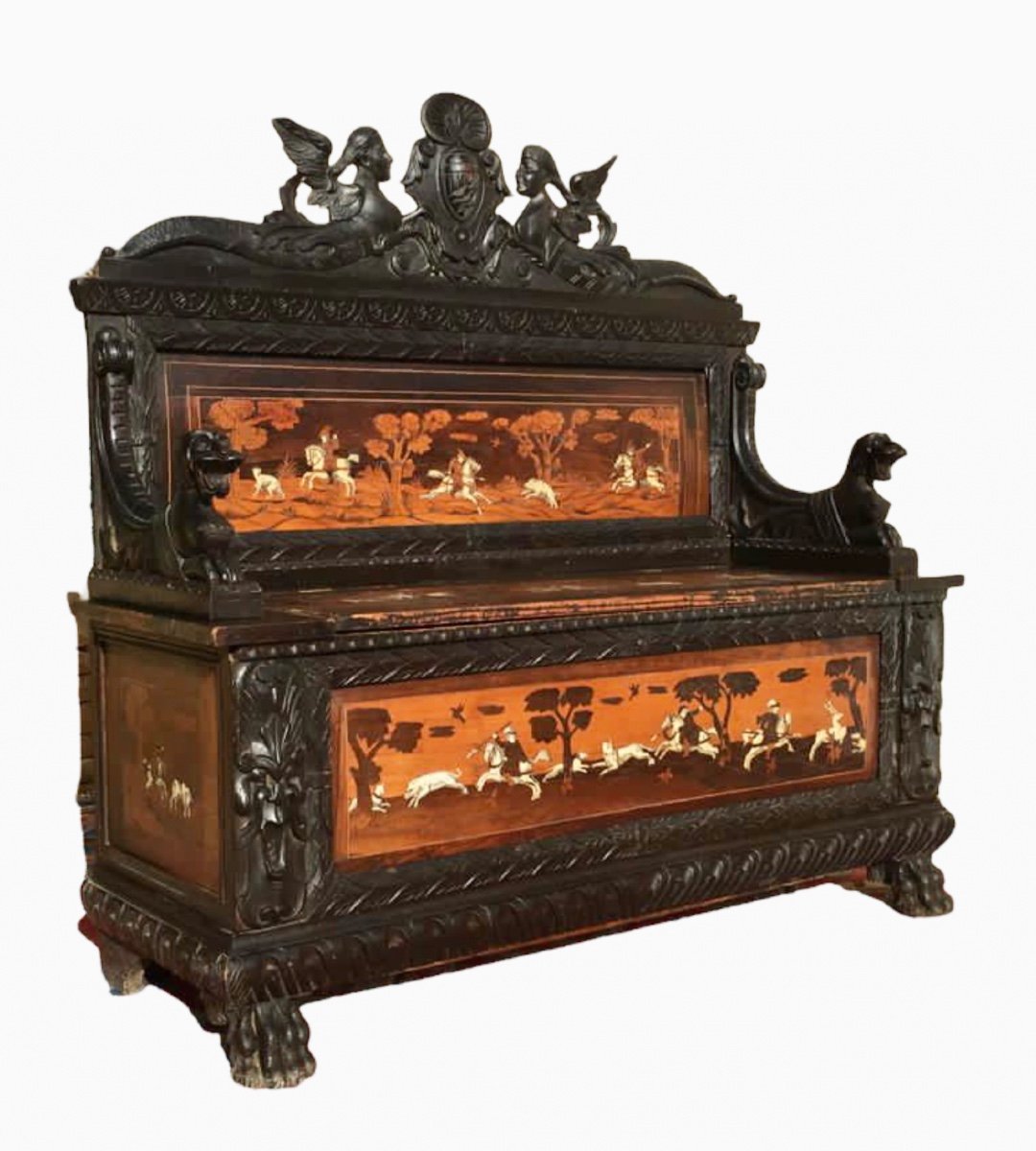 Renaissance Style Marquetry Chest Bench-photo-4