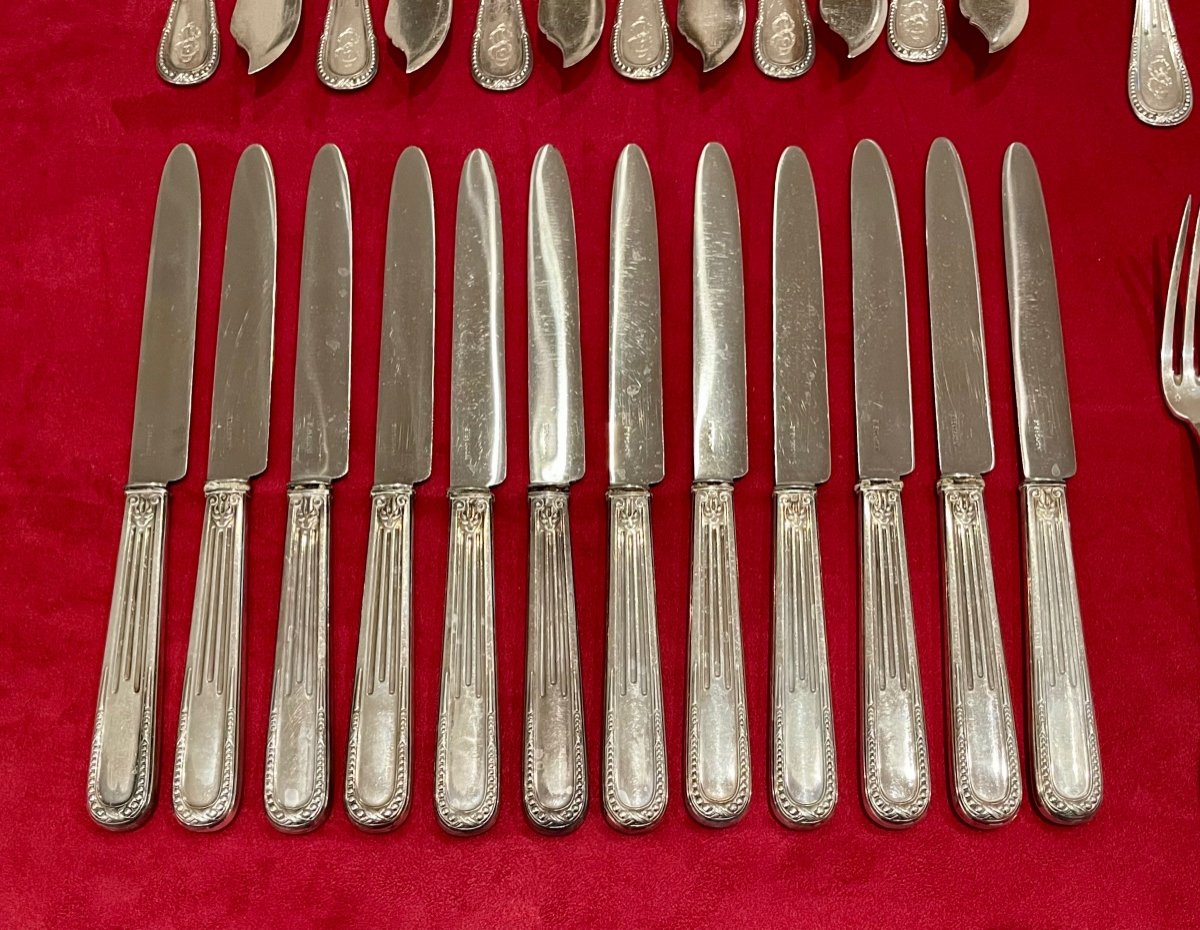 Olier & Caron Cutlery Set In Sterling Silver, Spatula Model Beaded   - 183 Pieces -photo-1