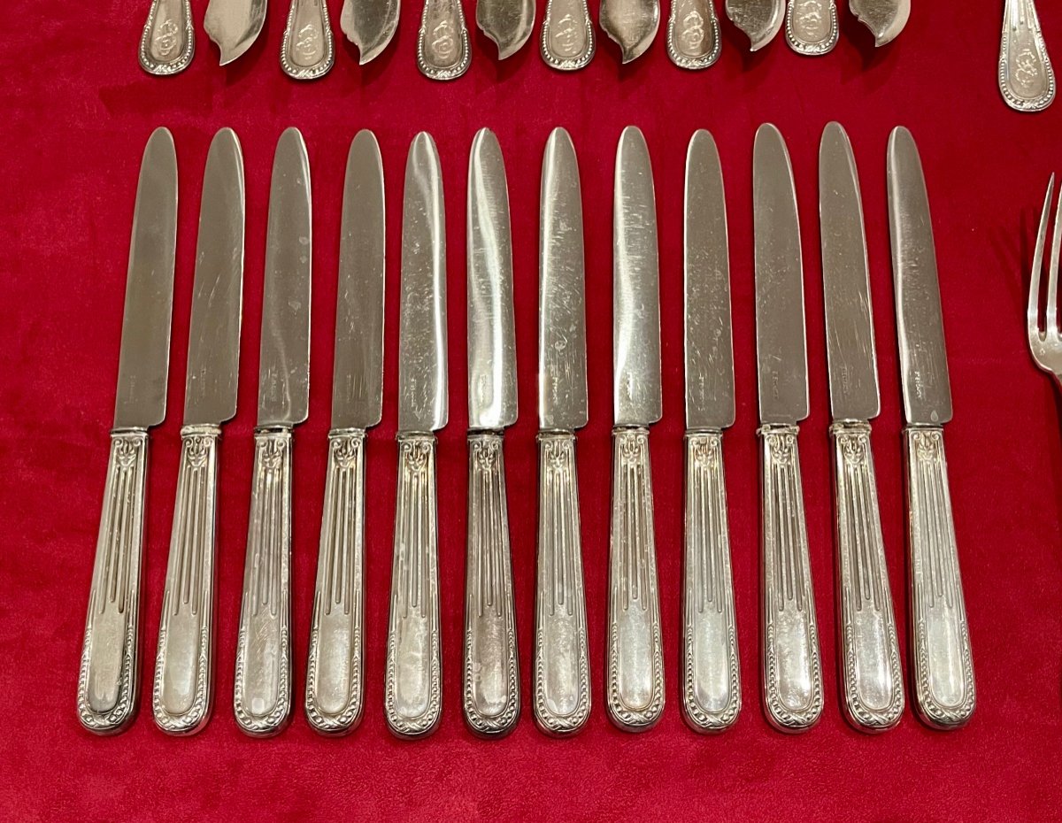 Ménagère en Argent Olier & Caron, modèle à Spatule Perlée - 183 pièces-photo-1