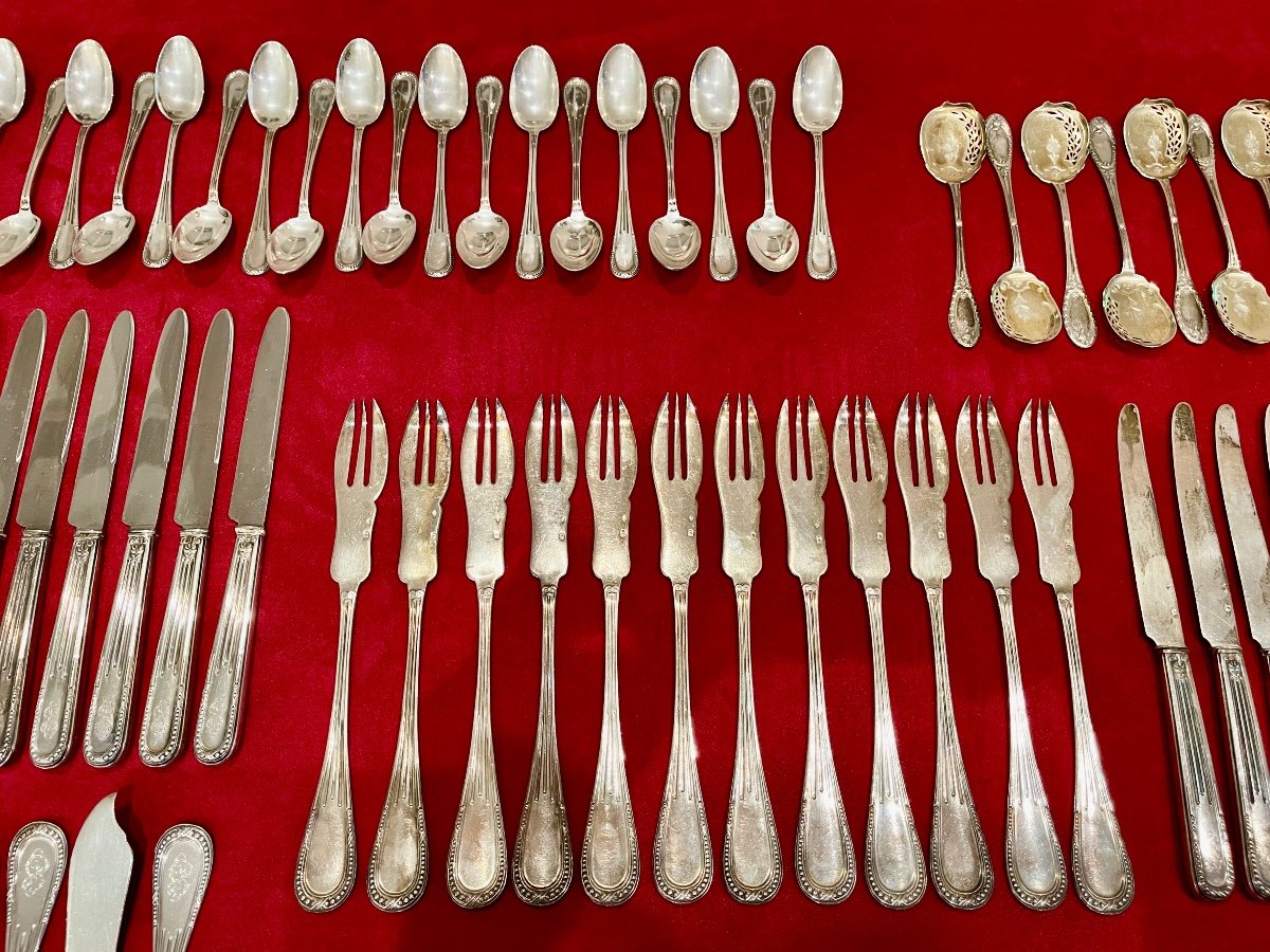 Olier & Caron Cutlery Set In Sterling Silver, Spatula Model Beaded   - 183 Pieces -photo-4