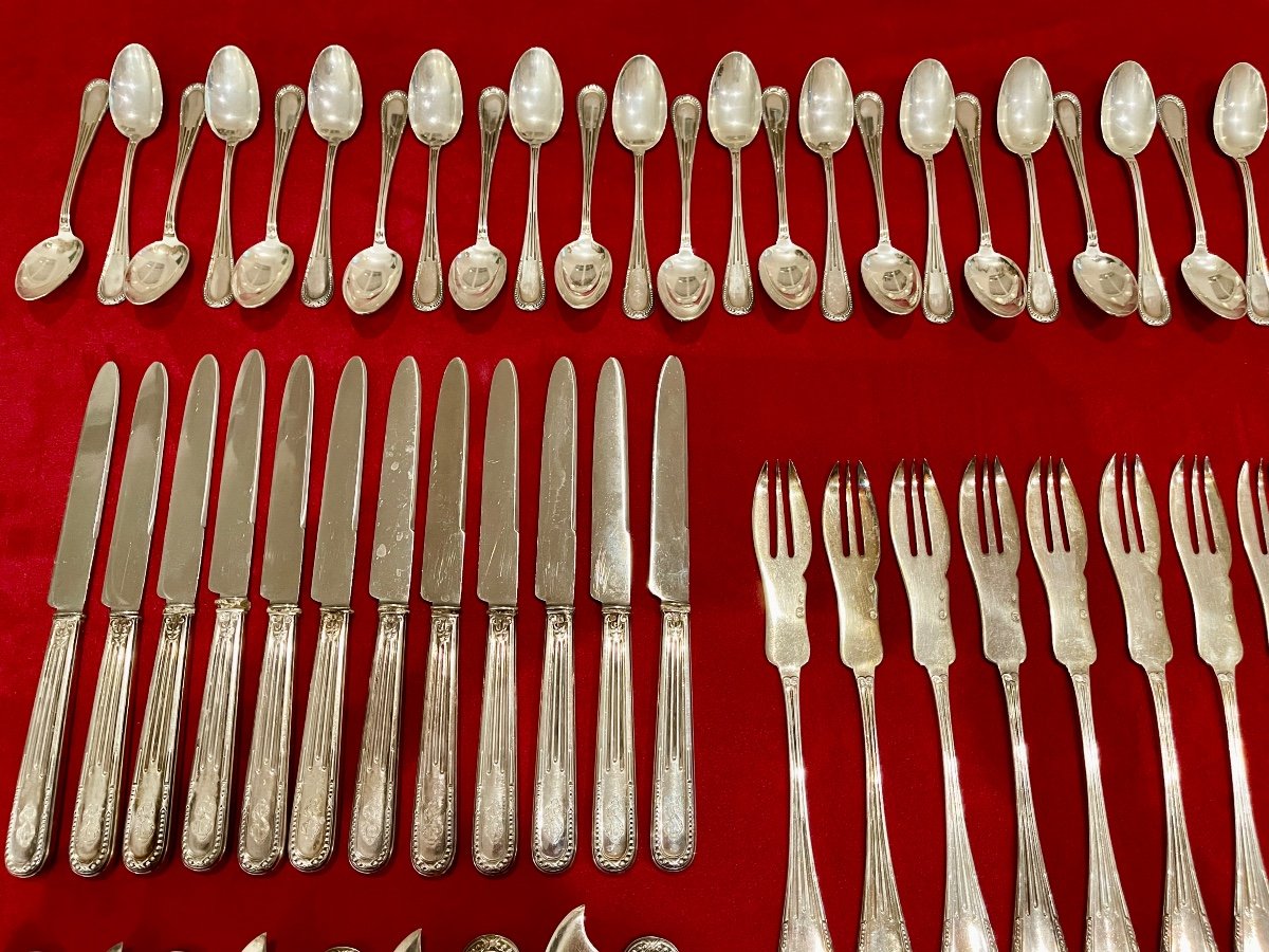 Olier & Caron Cutlery Set In Sterling Silver, Spatula Model Beaded   - 183 Pieces -photo-8