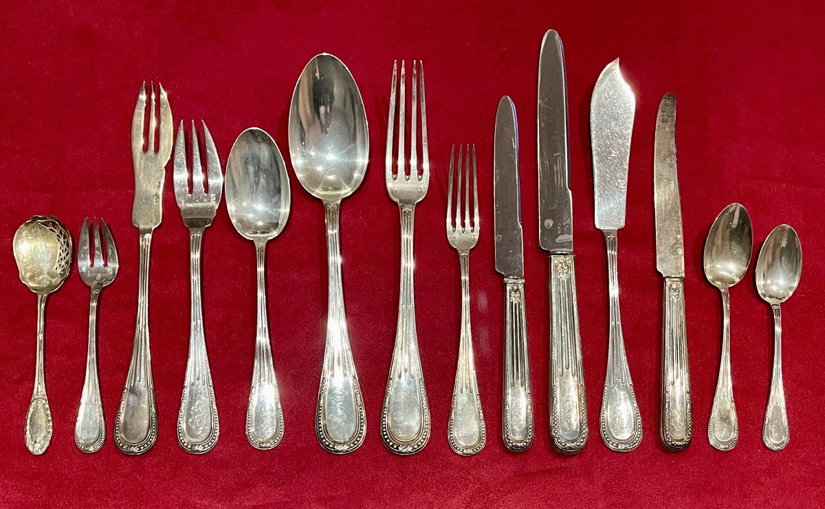 Olier & Caron Cutlery Set In Sterling Silver, Spatula Model Beaded   - 183 Pieces 