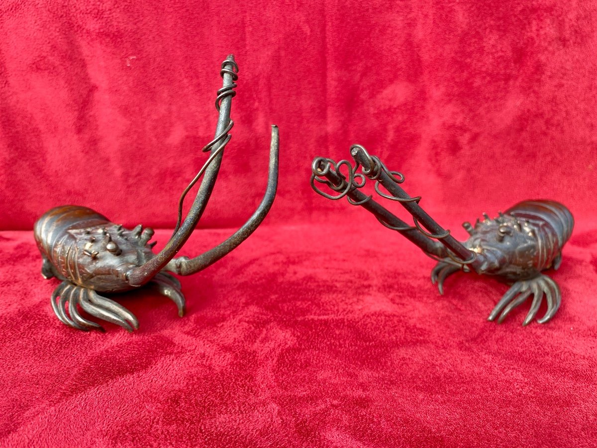 Pair Of Meiji Bronze Crayfish - Japan-photo-4