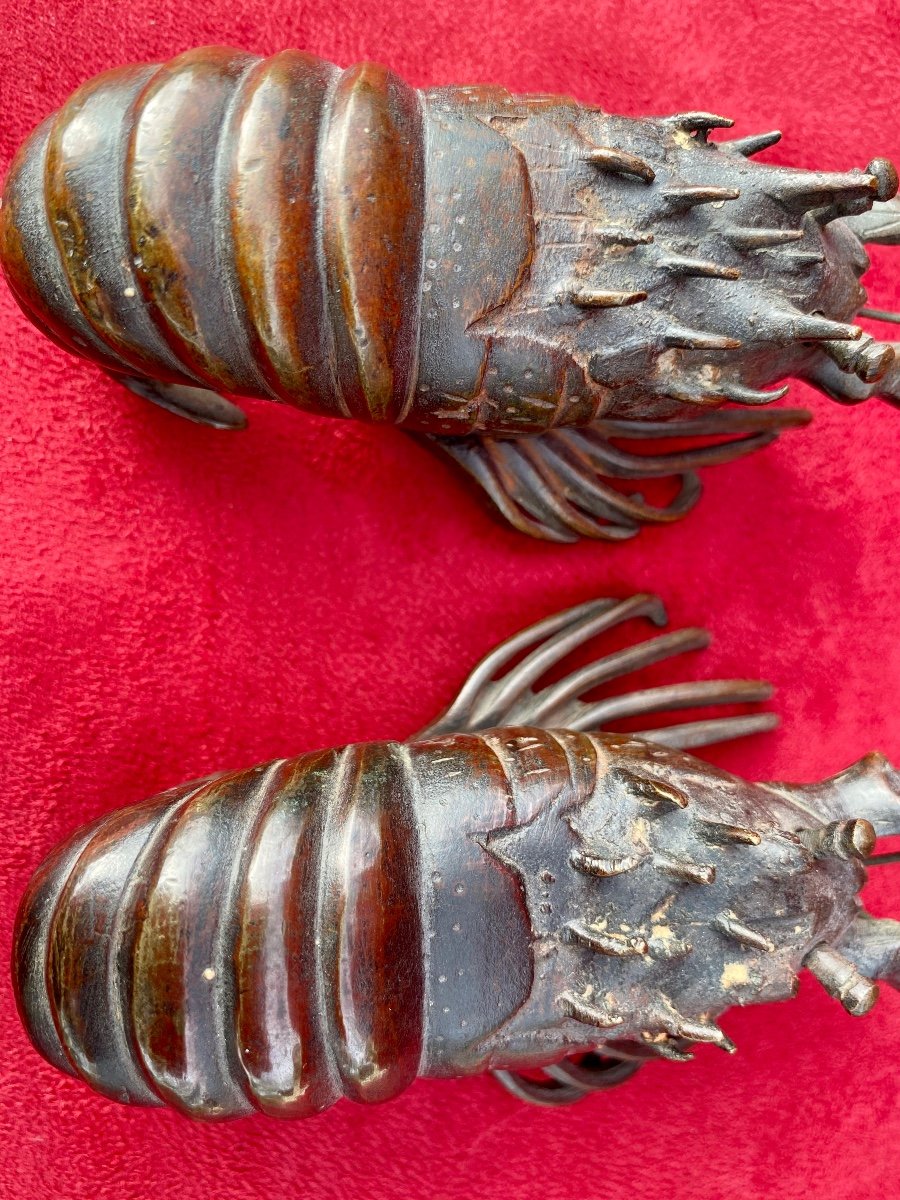 Pair Of Meiji Bronze Crayfish - Japan-photo-2