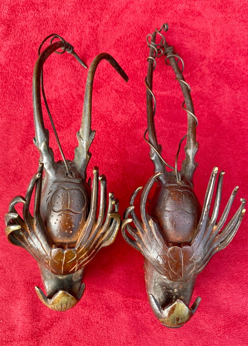 Pair Of Meiji Bronze Crayfish - Japan-photo-3