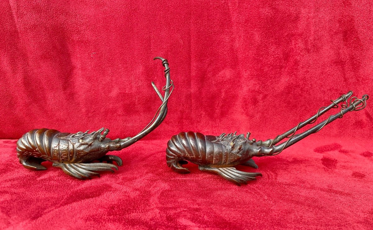 Pair Of Meiji Bronze Crayfish - Japan