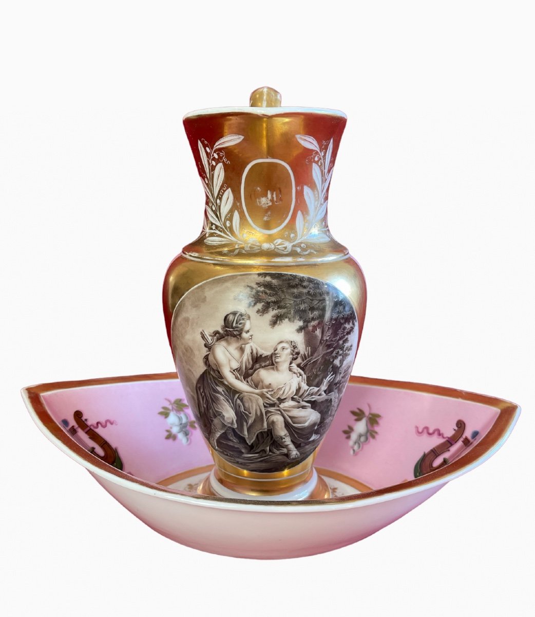 Aiguière de Toilette & son Bassin en Porcelaine de Paris Époque Empire Restauration -photo-2