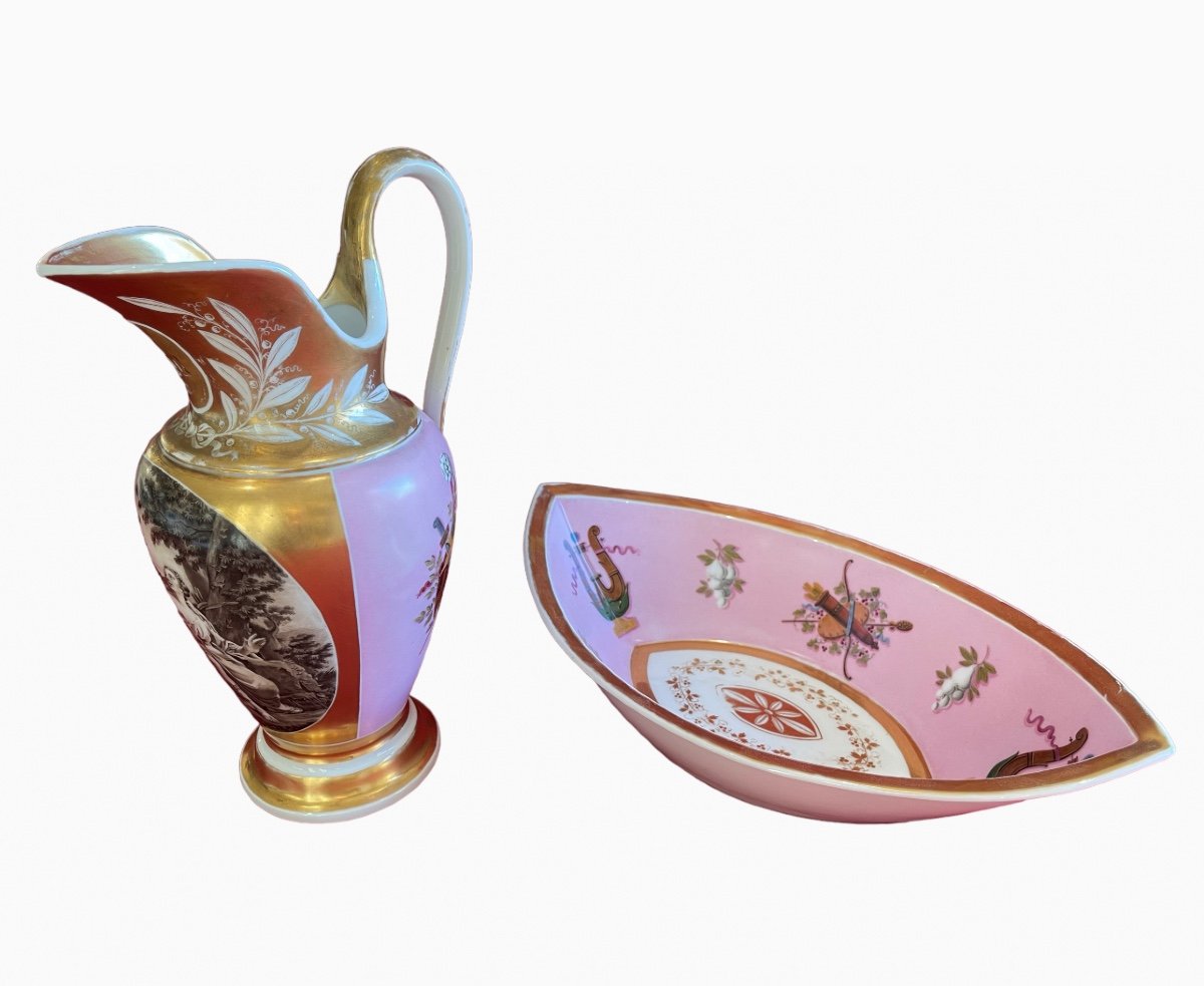 Aiguière de Toilette & son Bassin en Porcelaine de Paris Époque Empire Restauration -photo-3