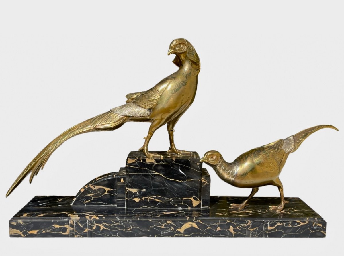 Statue In Gilt Bronze And Black Veined Marble By Irenée Rochard