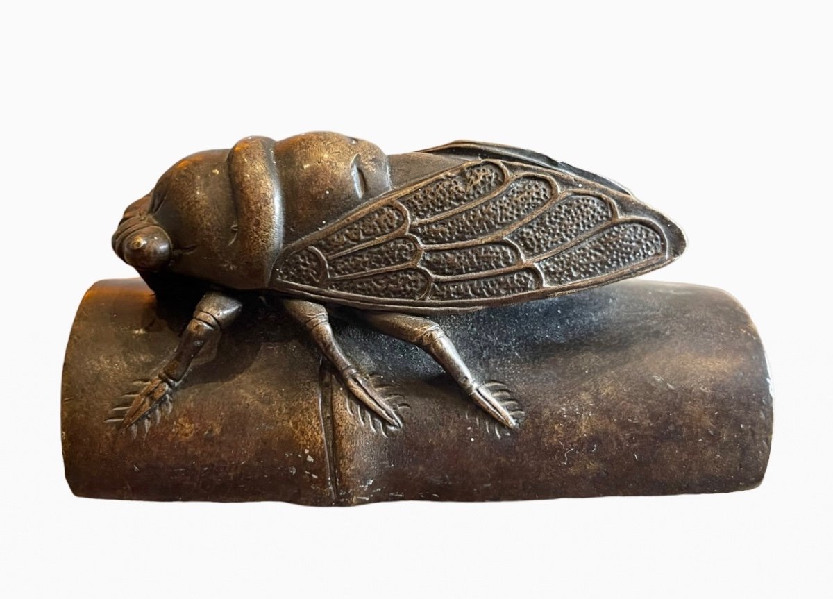 Bronze, Cigale sur Bambou - Poids de Calligraphe-photo-2