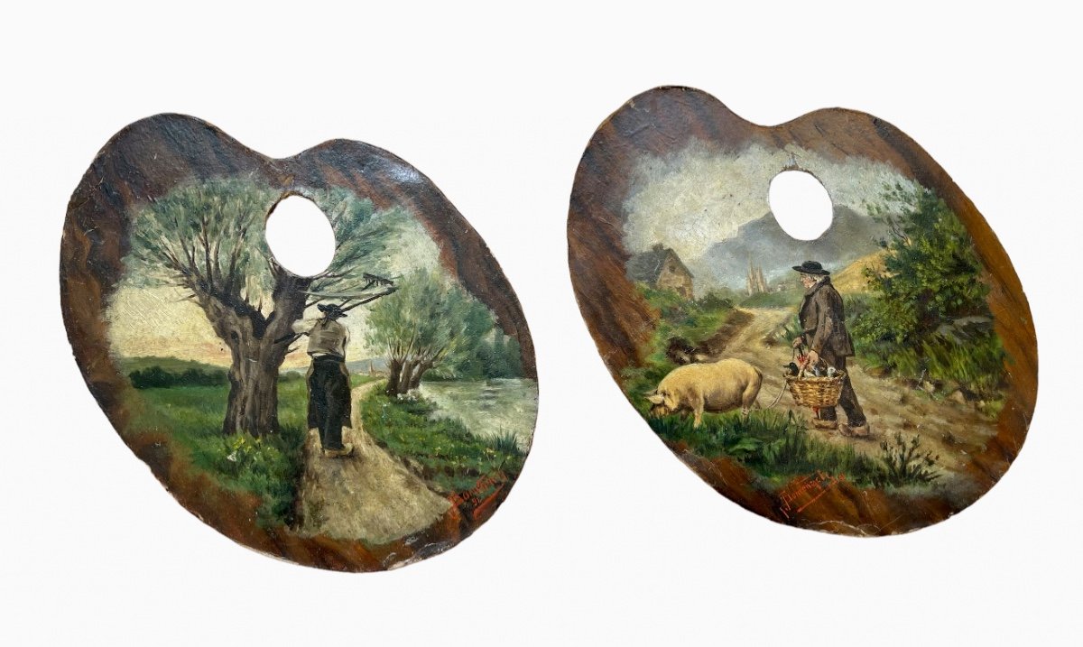 Domenach - Pair Of Paintings, Oil On Cardboard