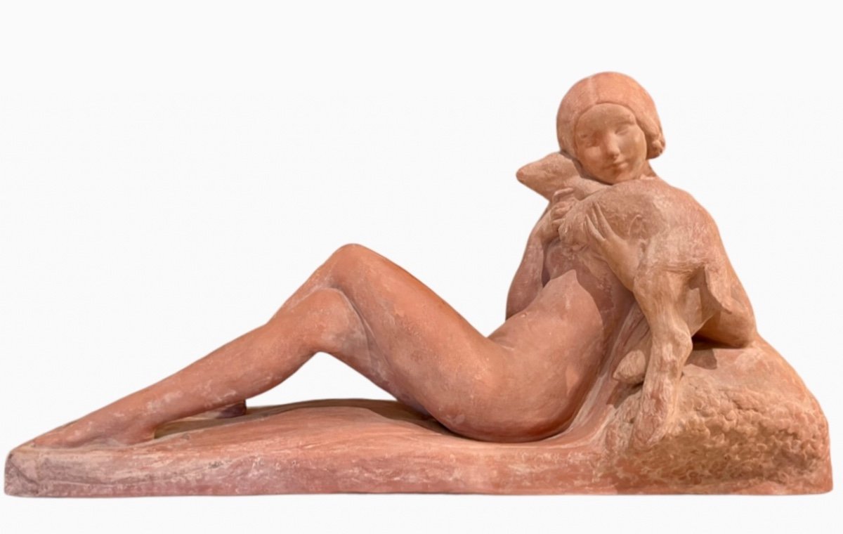 Georges COSTE - Terre Cuite, Jeune Femme Nue à L’agneau