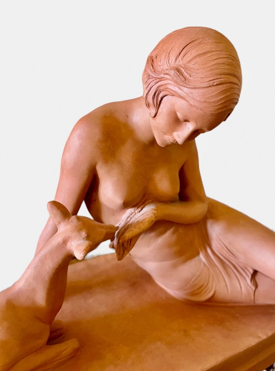 Ugo Cipriani - Terracotta, Young Woman Feeding A Doe-photo-1