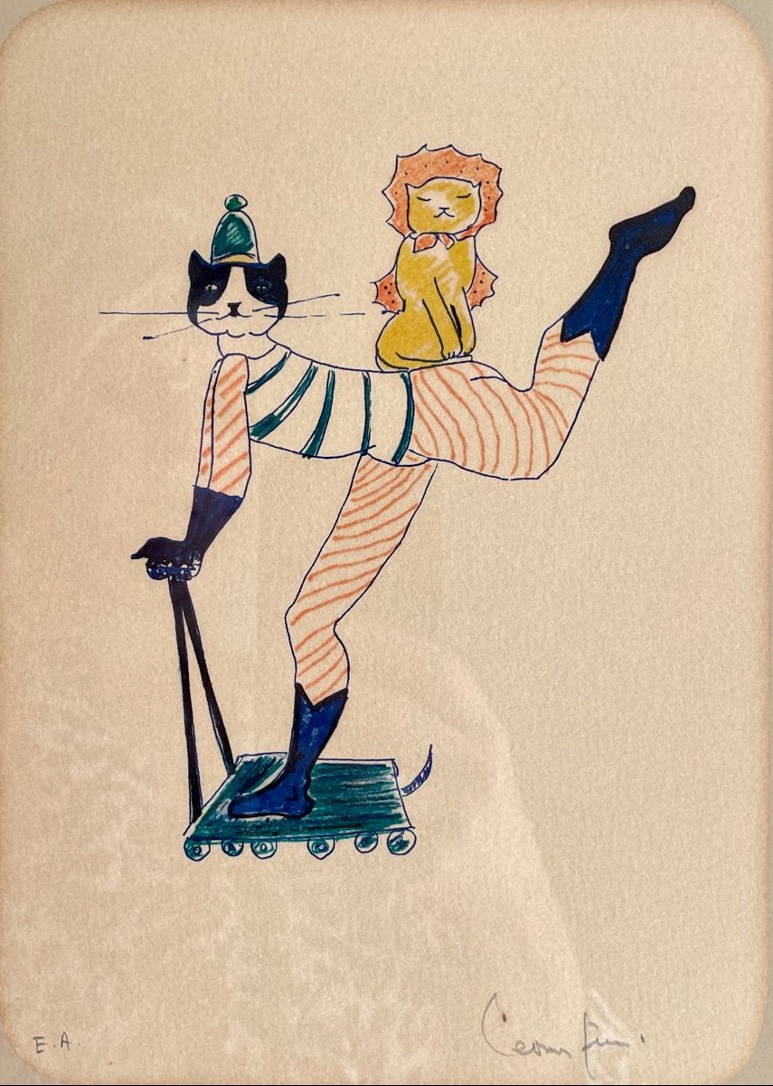 Leonor Fini - Drawing, Puss In Boots On A Scooter-photo-2