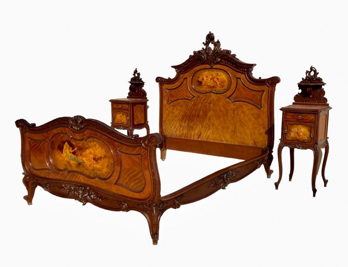 Bed And 2 Nightstands In Louis XV Style Martin Varnish-photo-2