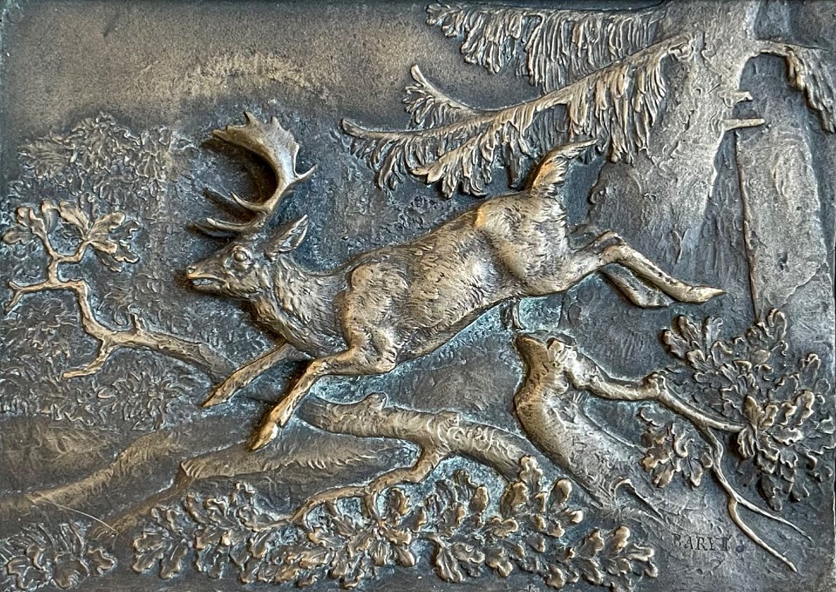 BARYE - Cerf de Virginie, Bas Relief en Bronze-photo-2