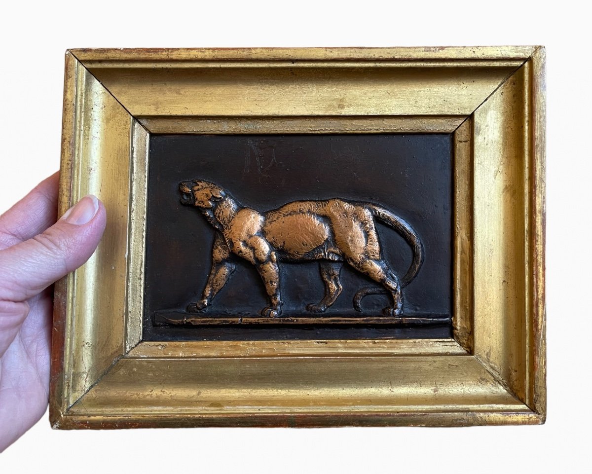 Att. In Barye - Leopard, Copper Bas Relief-photo-4