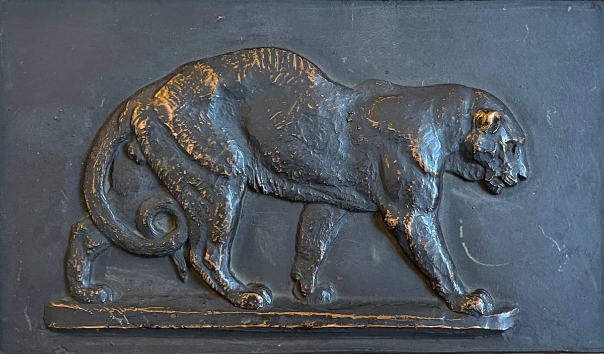 Att. à BARYE - Bas Relief en Bronze, Panthère Marchand -photo-2