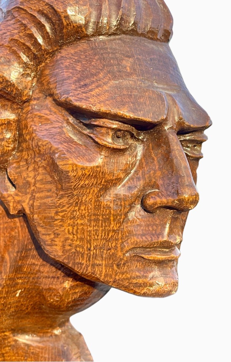 Jean MERMOZ - La Rafale, Buste en Bois Sculpté-photo-3