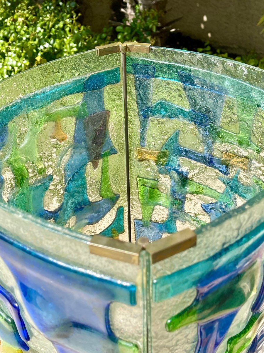 Lampe en Verre Moulé Pressé Bleue /Vert Circa 1970-photo-2