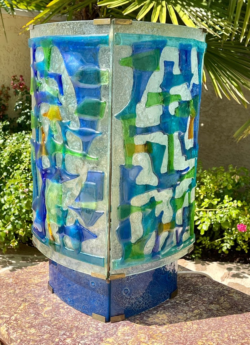 Lampe en Verre Moulé Pressé Bleue /Vert Circa 1970-photo-7