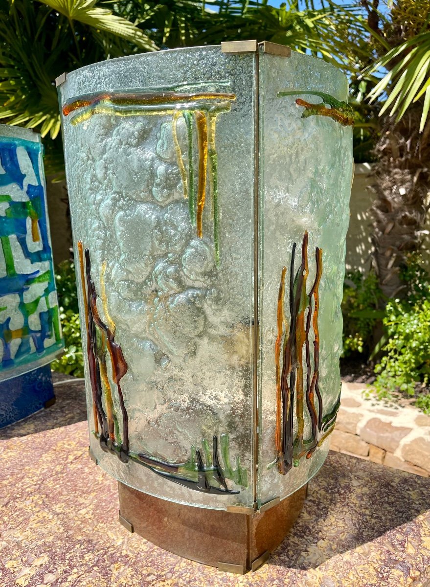 Green/brown Pressed Molded Glass Lamp Circa 1970-photo-2