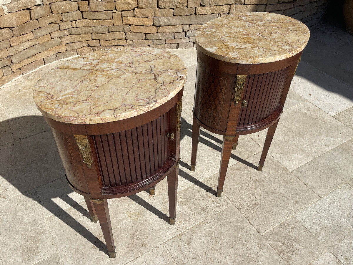 Pair Of Louis XVI Style Tambour Bedside Tables-photo-1
