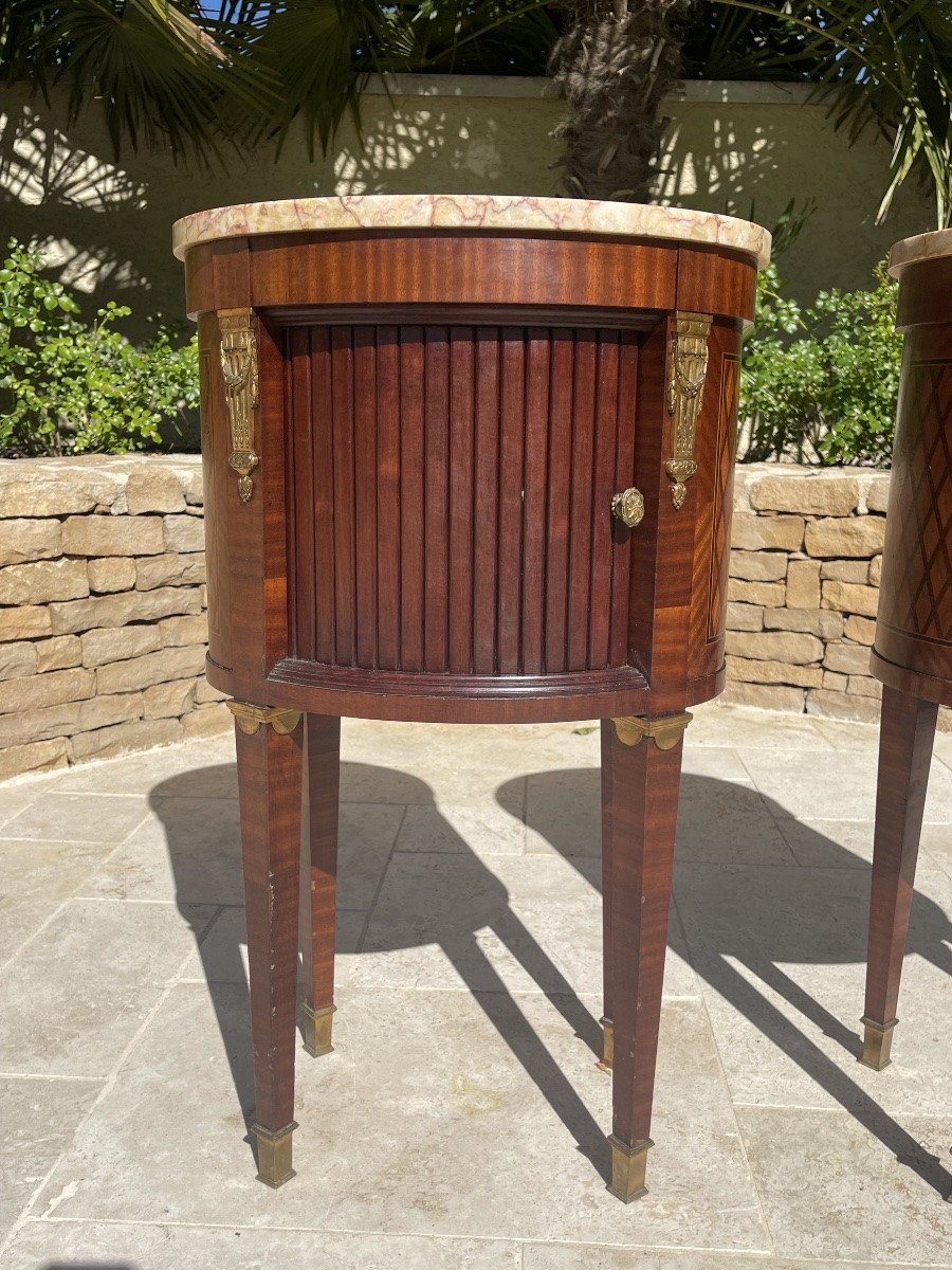 Pair Of Louis XVI Style Tambour Bedside Tables-photo-2