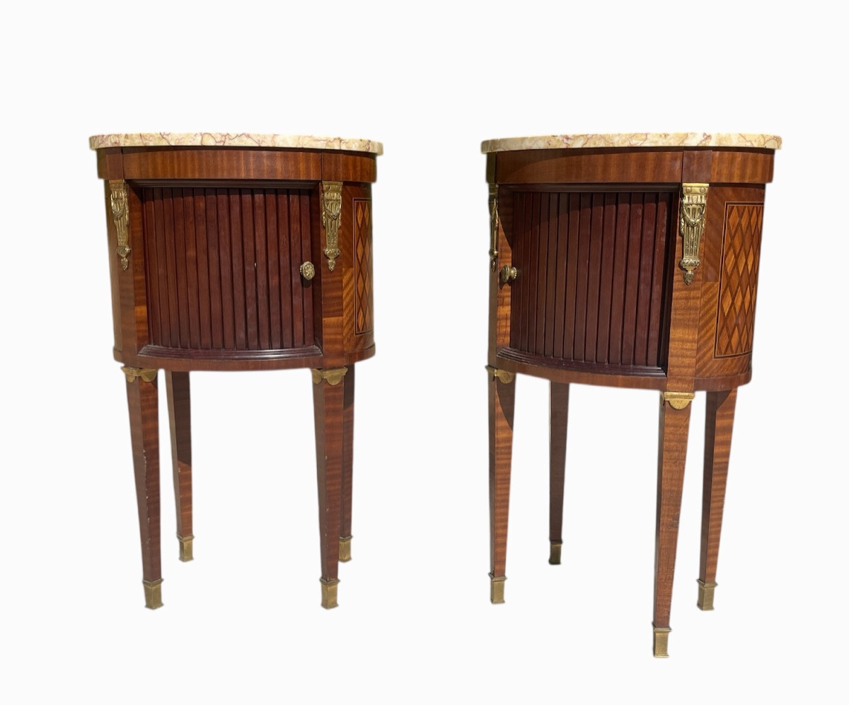 Pair Of Louis XVI Style Tambour Bedside Tables