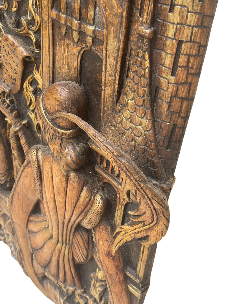 Panneau de bois Sculpté d’une Scène Galante Médiévale-photo-1