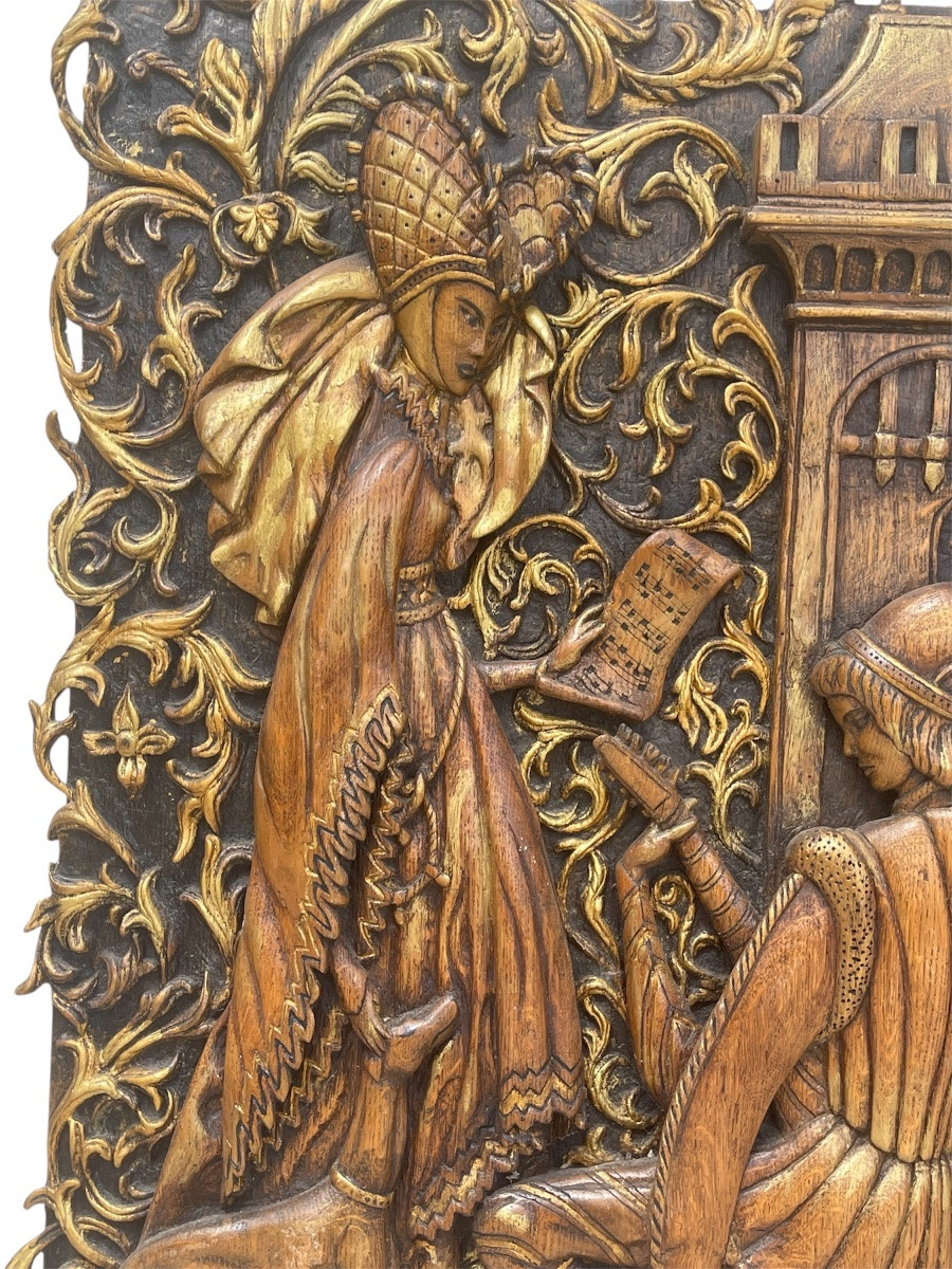 Panneau de bois Sculpté d’une Scène Galante Médiévale-photo-3