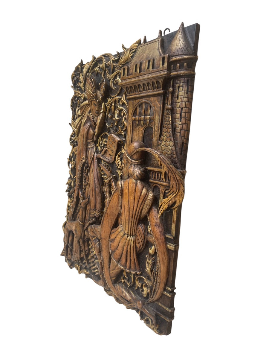 Panneau de bois Sculpté d’une Scène Galante Médiévale-photo-5