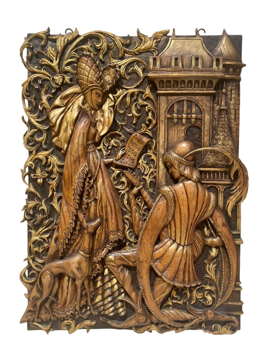 Panneau de bois Sculpté d’une Scène Galante Médiévale