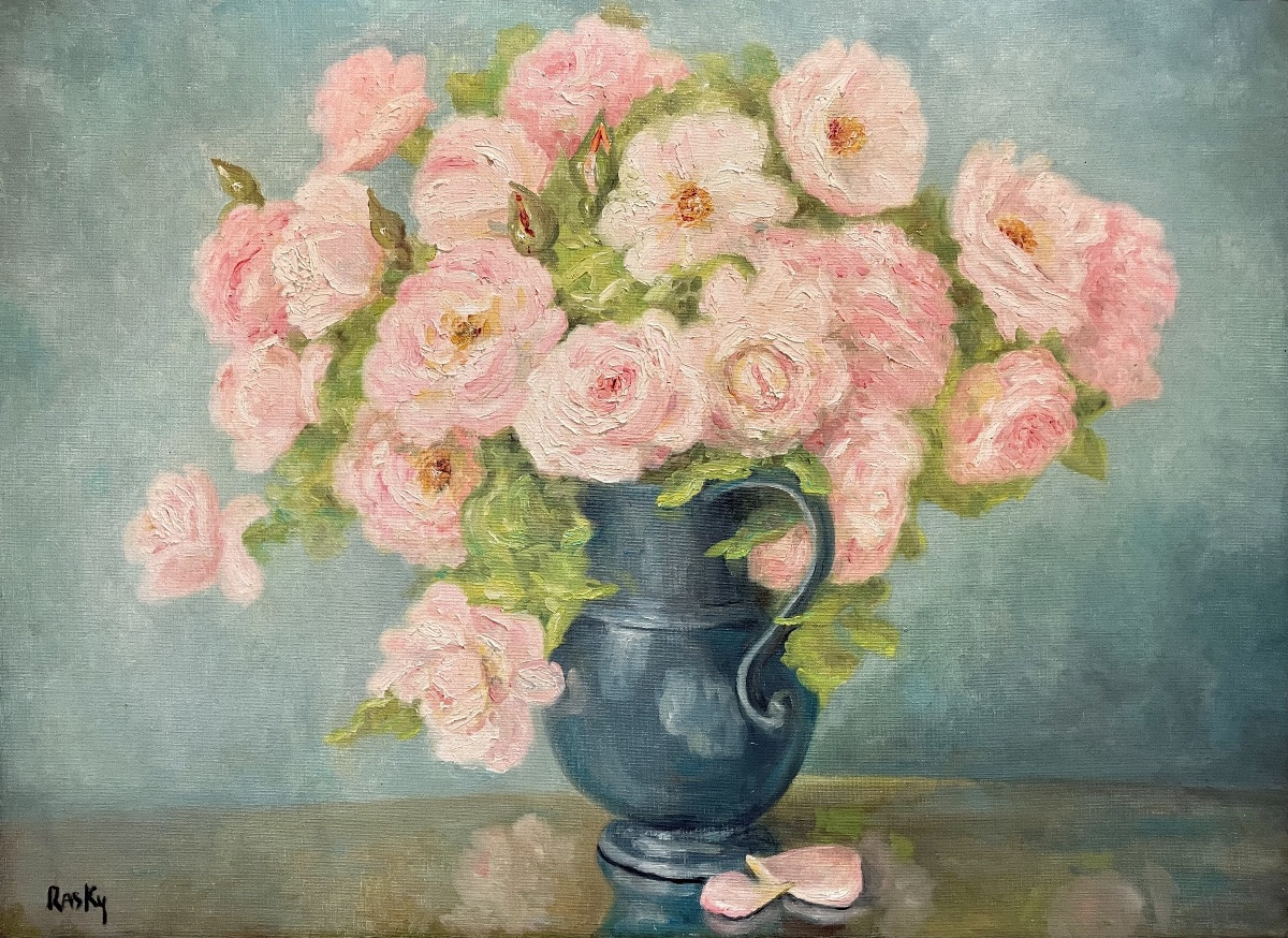 Marie-Madeleine De RASKY - Roses du Jardin de Laurette dans un Pot en Étain-photo-2