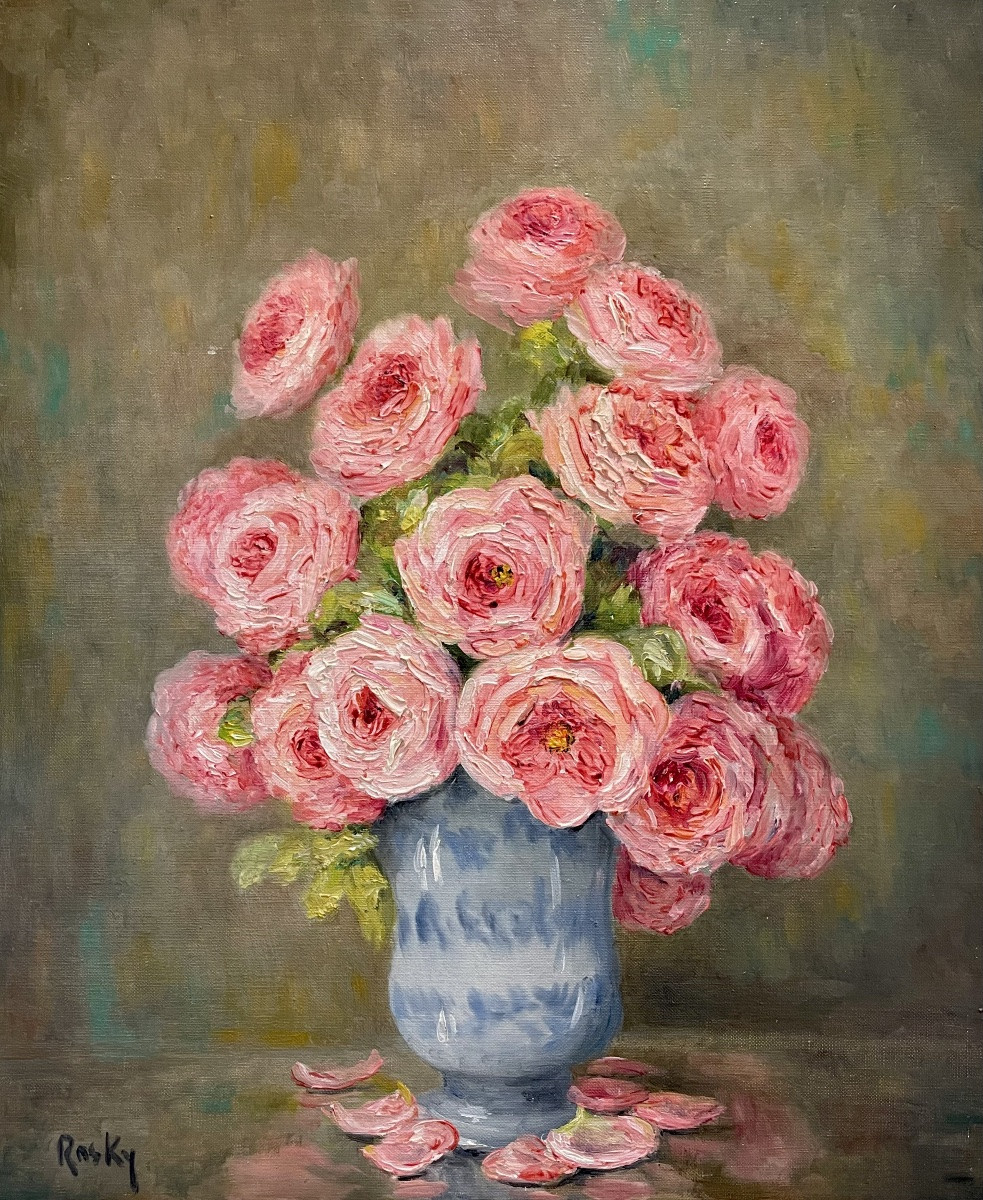 Marie-madeleine De Rasky - Pink Roses In A Spanish Vase And 8 Petals-photo-2