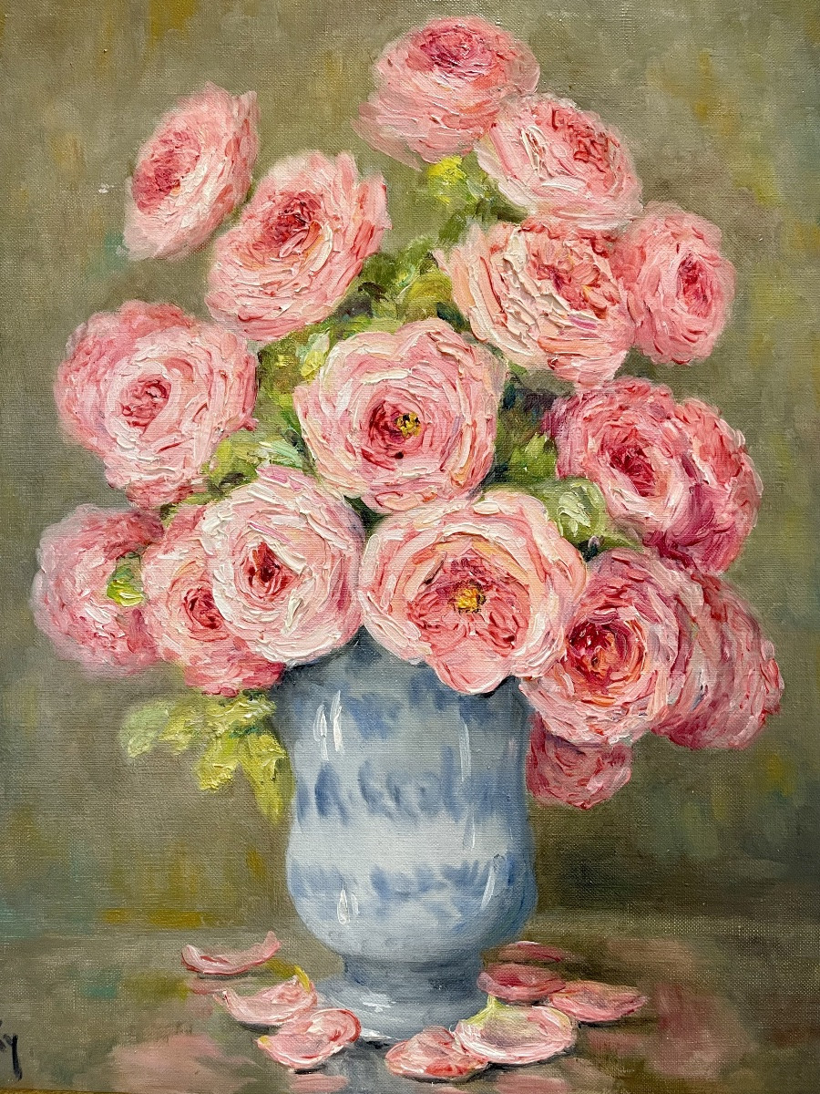 Marie-madeleine De Rasky - Pink Roses In A Spanish Vase And 8 Petals-photo-3