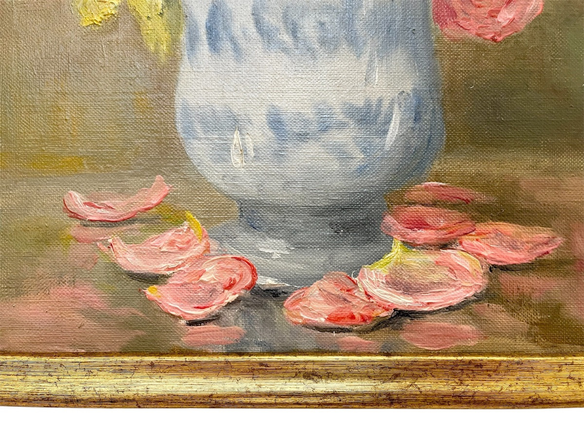 Marie-madeleine De Rasky - Pink Roses In A Spanish Vase And 8 Petals-photo-2