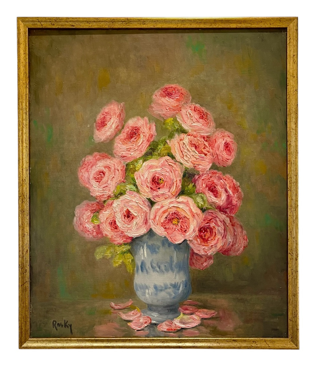 Marie-madeleine De Rasky - Pink Roses In A Spanish Vase And 8 Petals