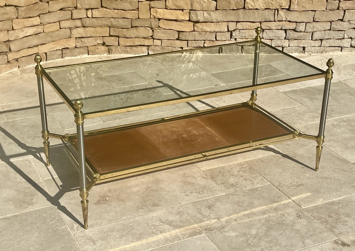 Maison JANSEN - Table Basse en Laiton & Cuir-photo-2