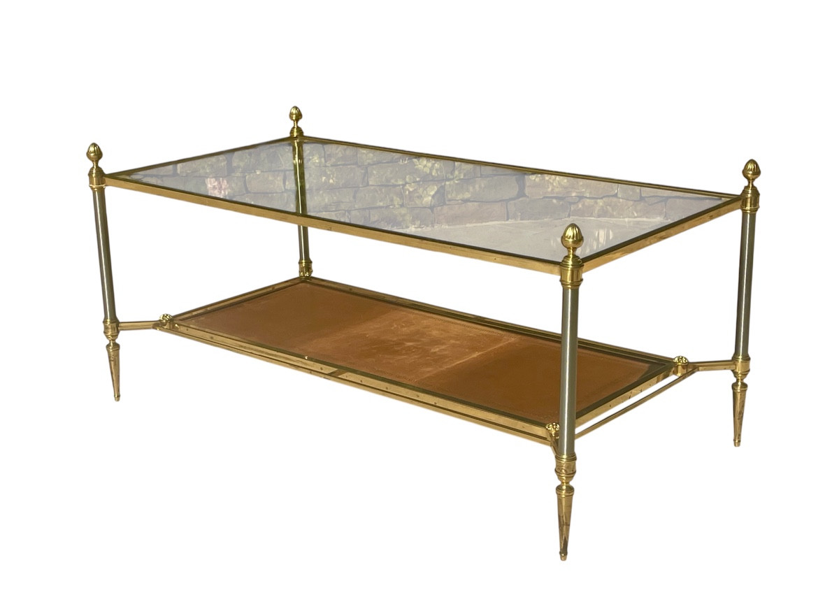 Maison JANSEN - Table Basse en Laiton & Cuir