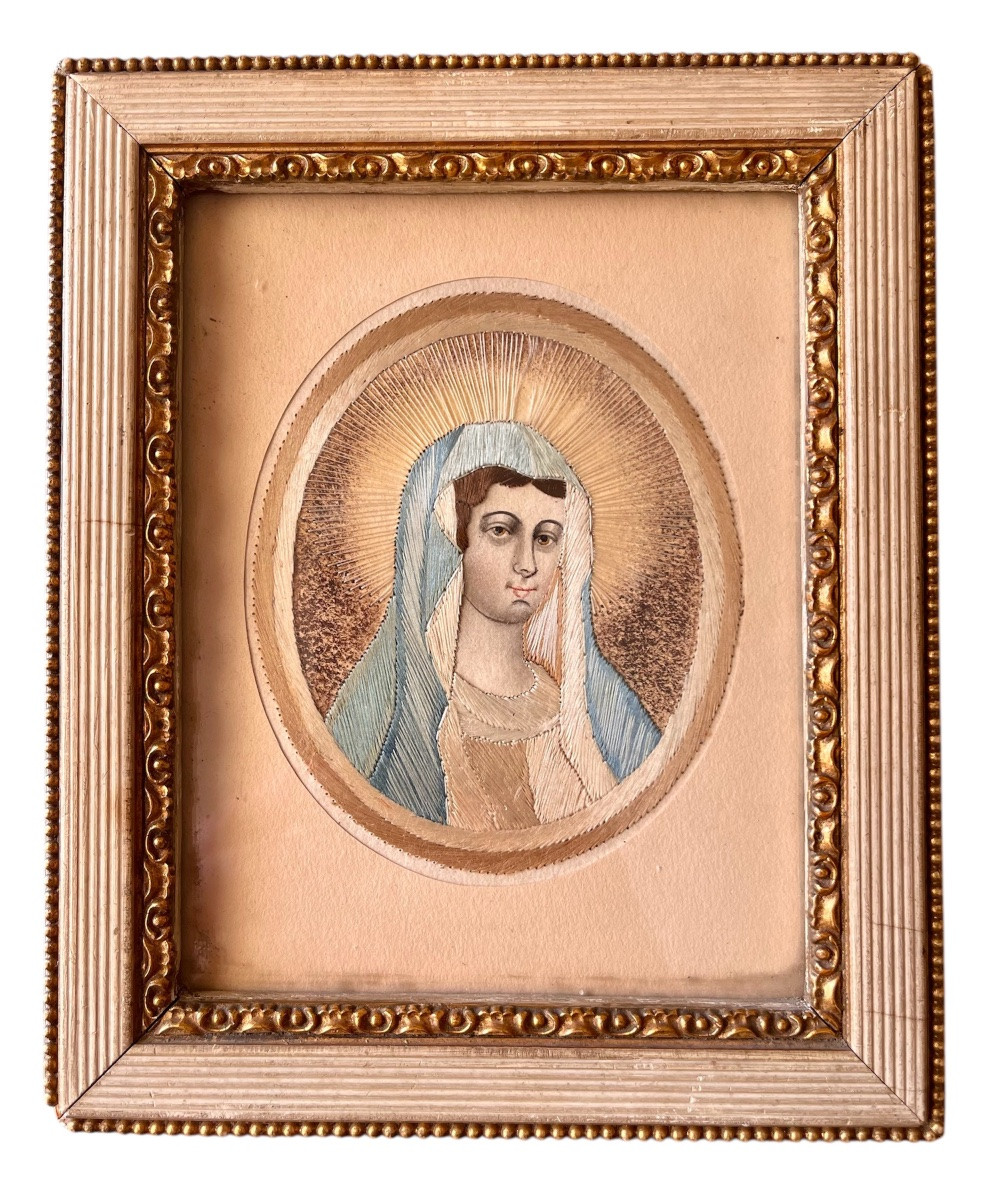 XVIIe - Paire de portraits Religieux en Broderie-photo-2