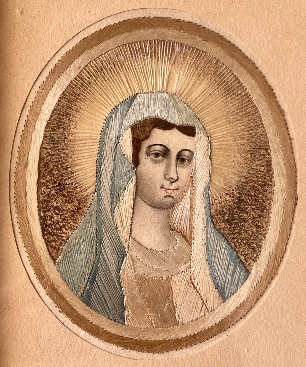 XVIIe - Paire de portraits Religieux en Broderie-photo-3