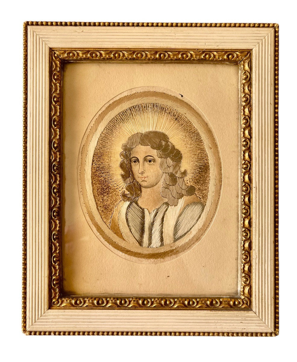 XVIIe - Paire de portraits Religieux en Broderie-photo-1