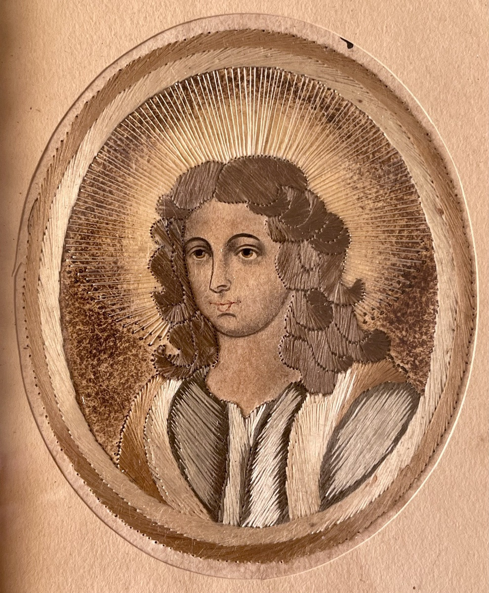 XVIIe - Paire de portraits Religieux en Broderie-photo-2