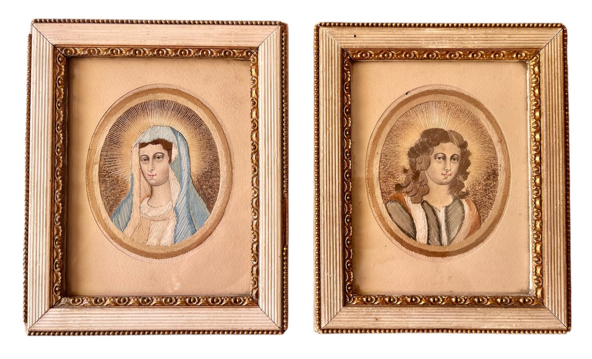 XVIIe - Paire de portraits Religieux en Broderie-photo-4