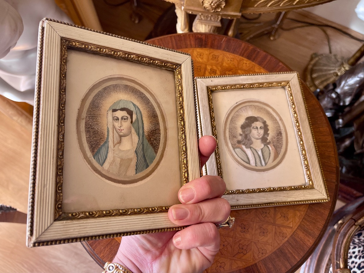 XVIIe - Paire de portraits Religieux en Broderie-photo-8
